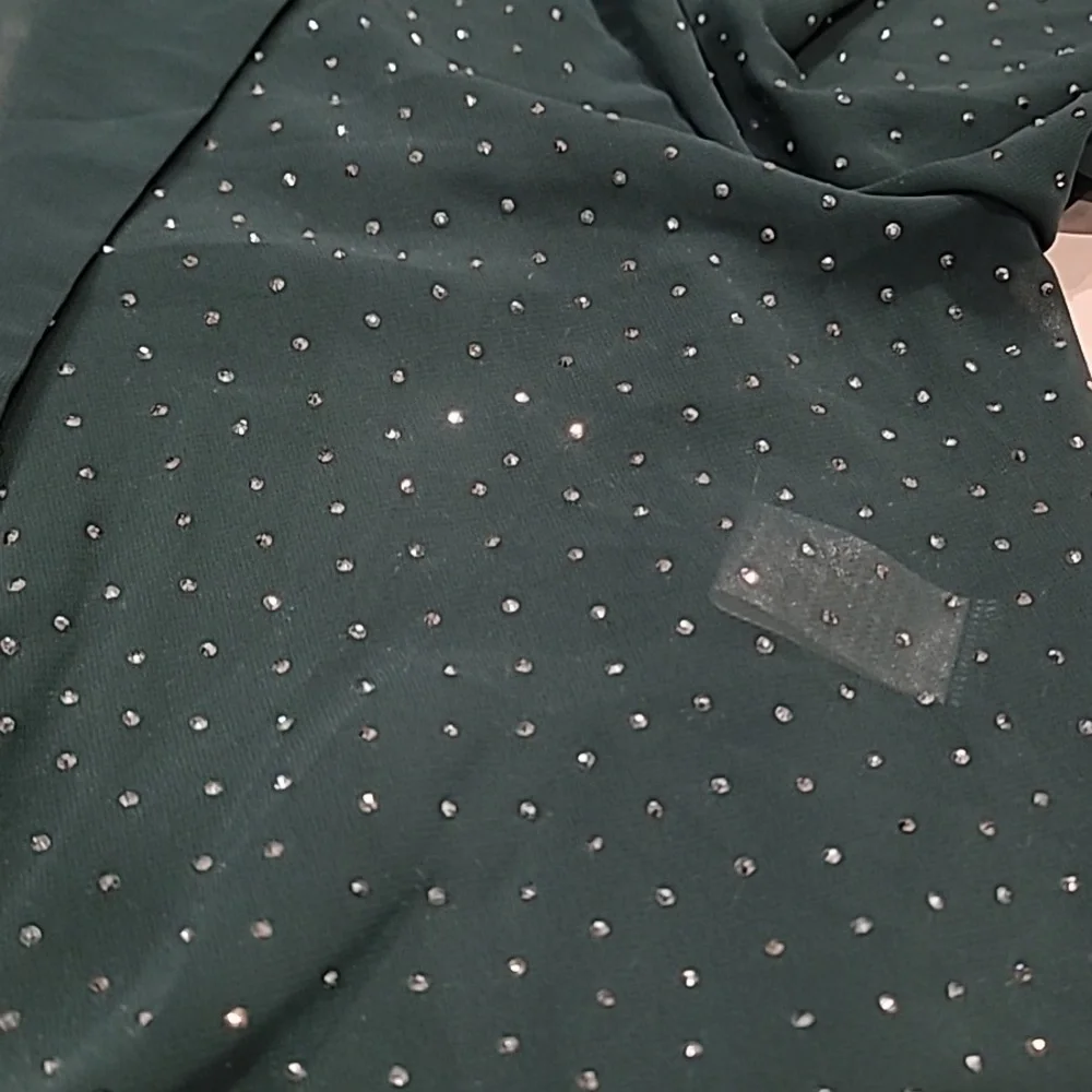 Top Chic Tie Front Semi Sheer Sparkle Studded Cropped Blouse Forest Green L - Picture 14 of 14